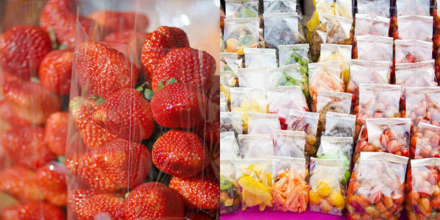 strawberries and dried fruits in plastic packaging
