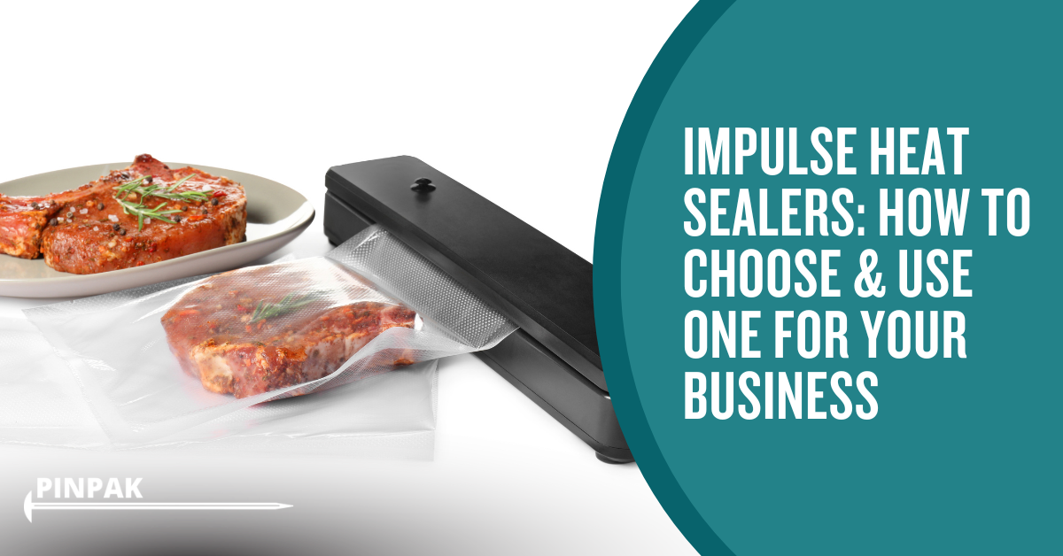 Bench-top impulse heat sealer sealing a clear plastic bag, showing the heated sealing bar, cutter and finished sealed edge.